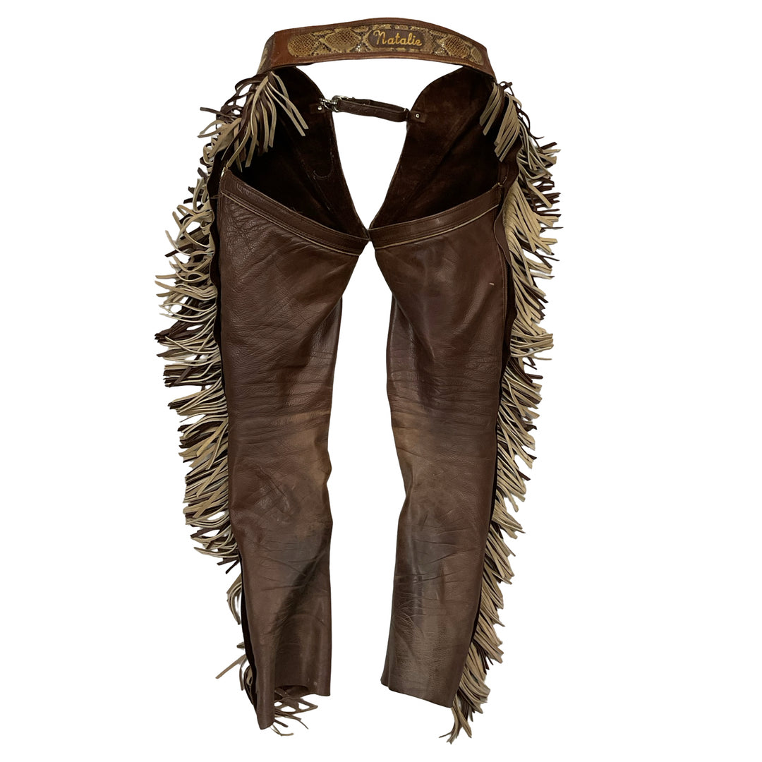 Women's Full Leather Chaps w/ Fringe and Snakeskin Piping Brown Used