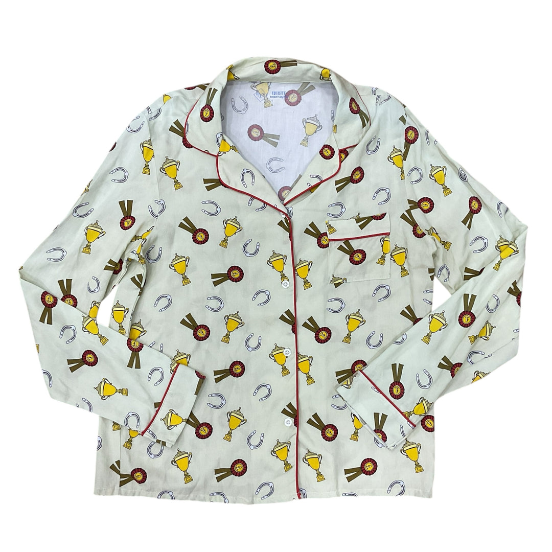 Equisite Women's Small Layla Pajama Top Ribbons & Trophy's Green Print New - H