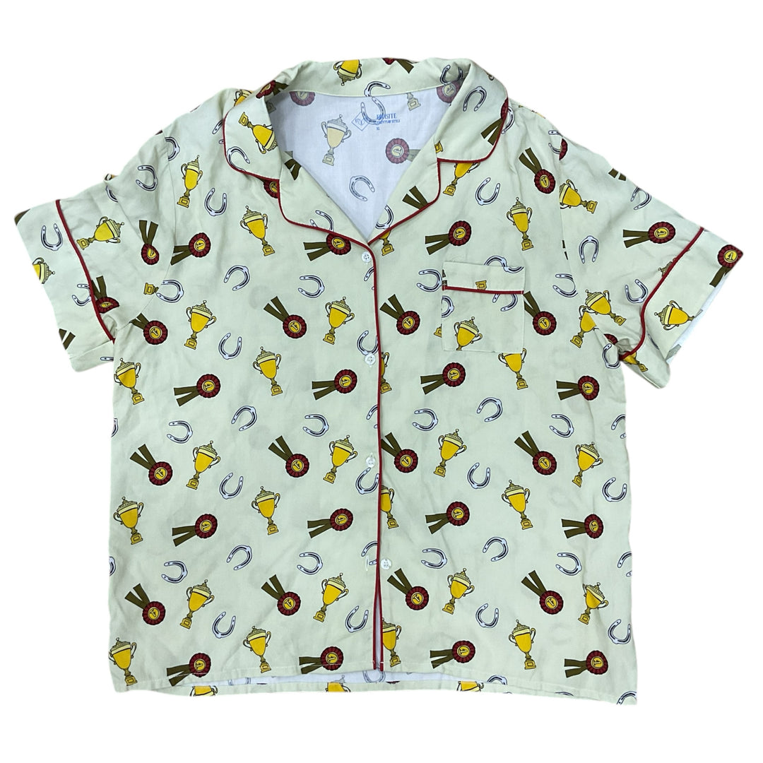 Equisite Women's XL Layla Pajama Top Ribbons & Trophy's Green Print New - H