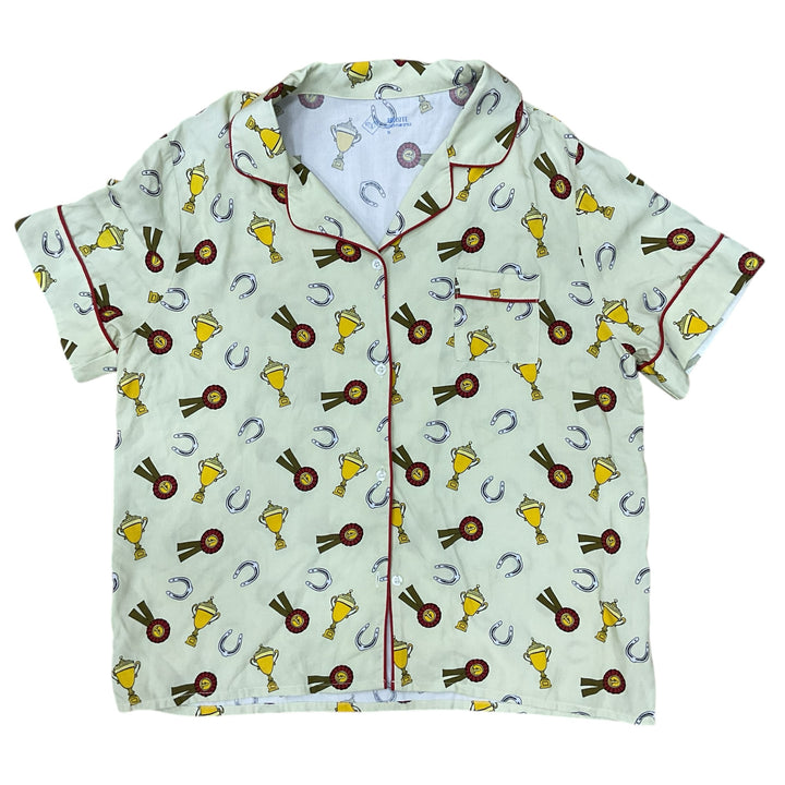 Equisite Women's XL Layla Pajama Top Ribbons & Trophy's Green Print New - H