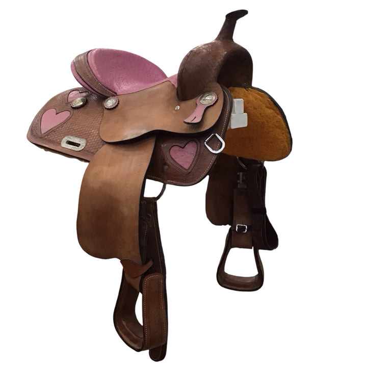 15" Tahoe Ostrich Pink Heart Semi QH Bars Used Barrel Saddle - H