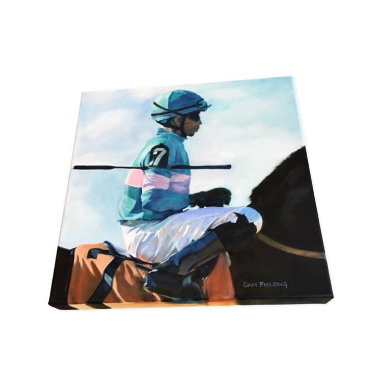 12" X 12" Teal Helmet Jockey Painting NEW B