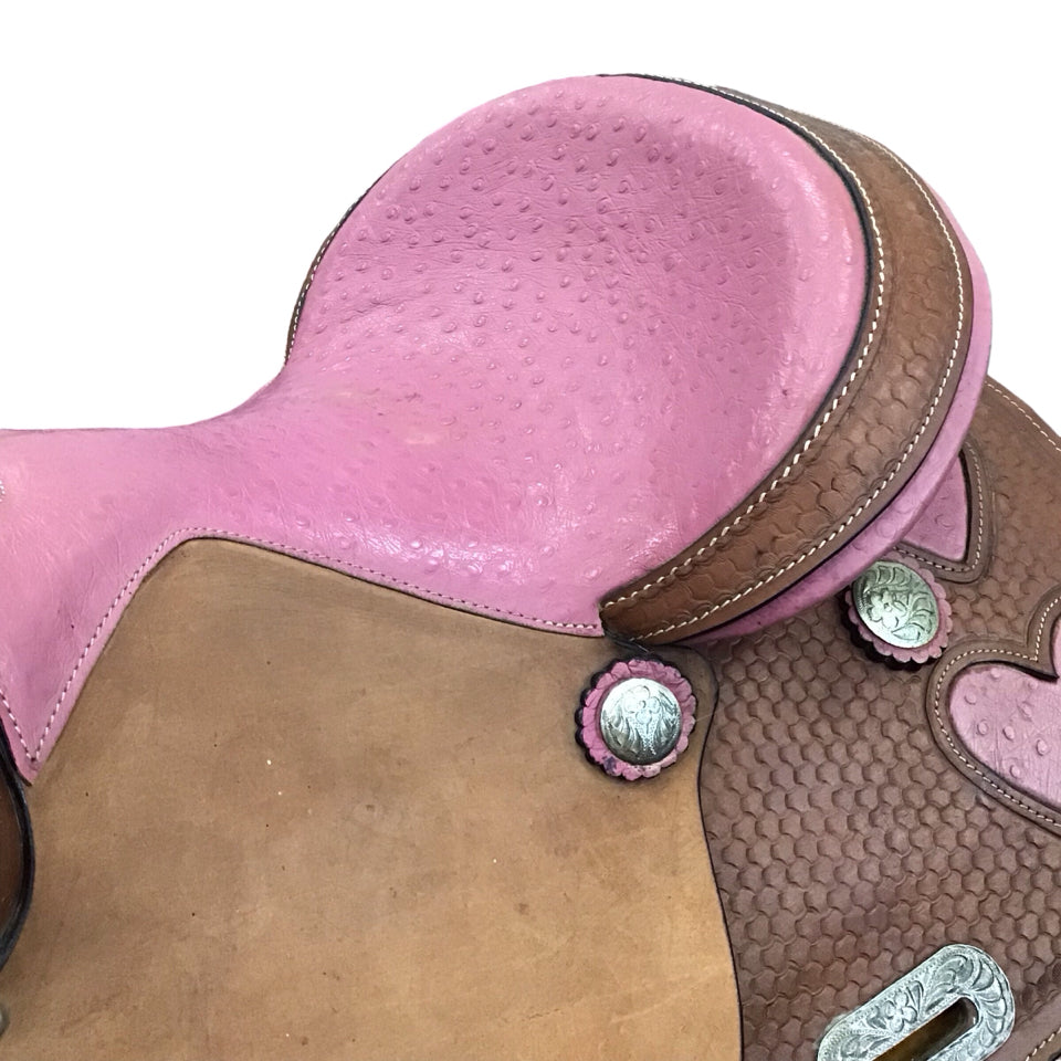 15" Tahoe Ostrich Pink Heart Semi QH Bars Used Barrel Saddle - H