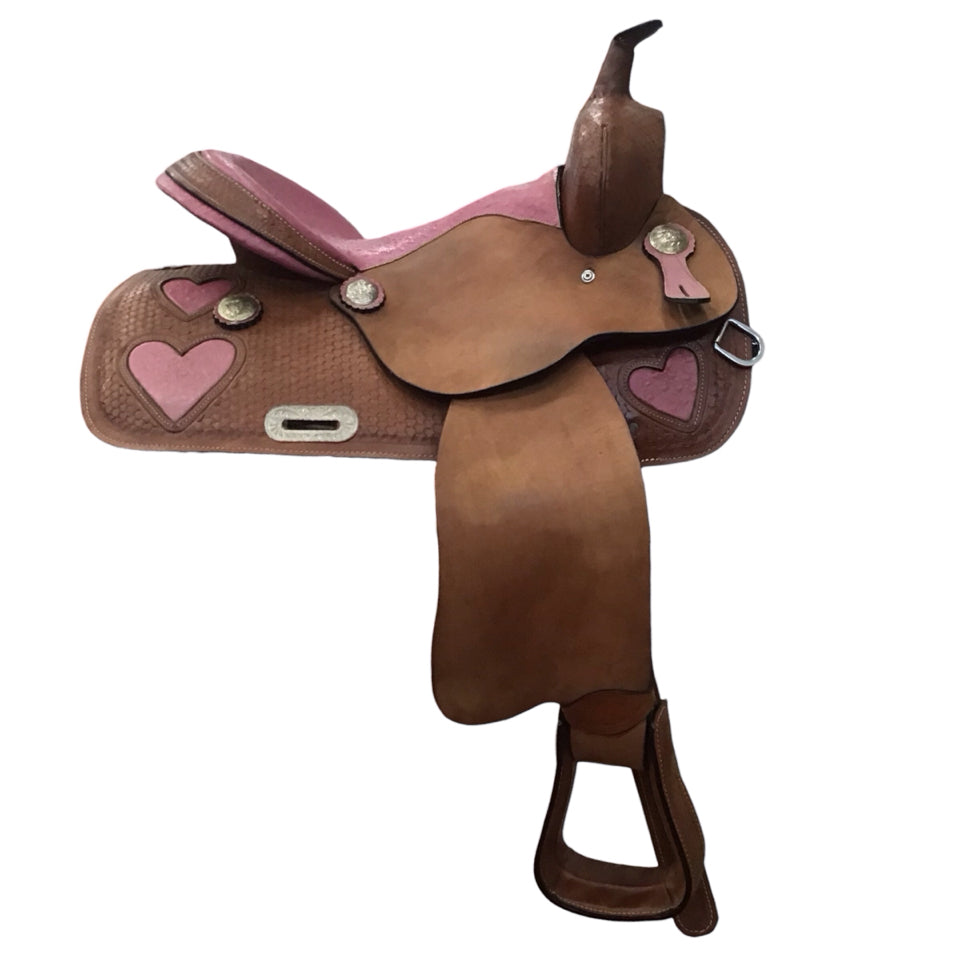 15" Tahoe Ostrich Pink Heart Semi QH Bars Used Barrel Saddle - H