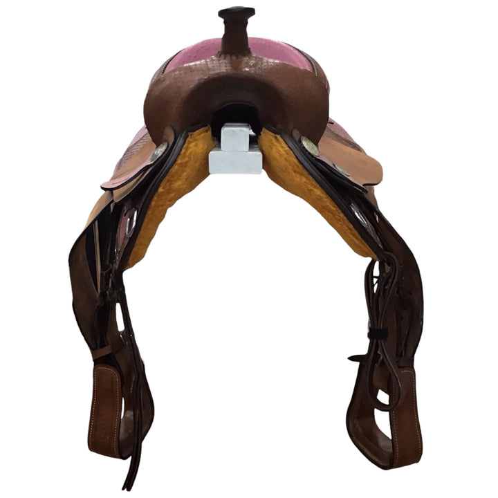 15" Tahoe Ostrich Pink Heart Semi QH Bars Used Barrel Saddle - H