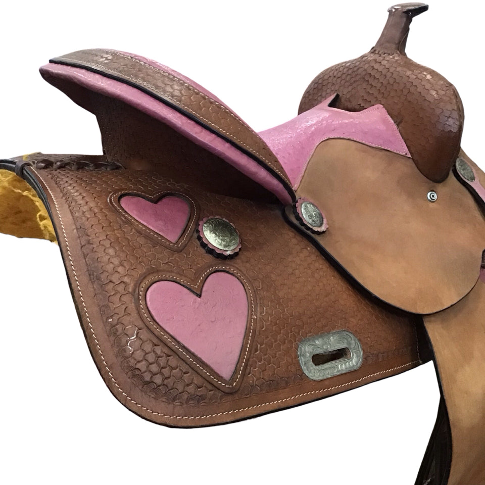 15" Tahoe Ostrich Pink Heart Semi QH Bars Used Barrel Saddle - H