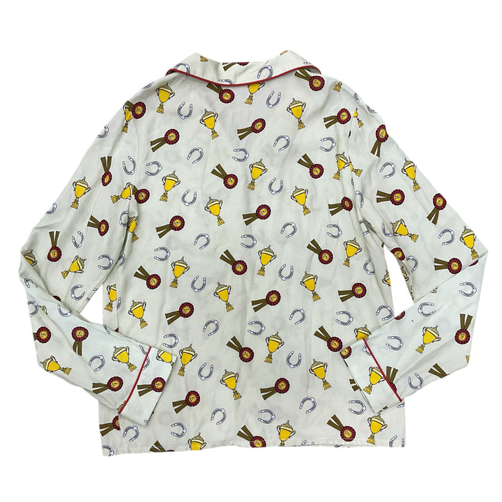 Equisite Women's Small Layla Pajama Top Ribbons & Trophy's Green Print New - H