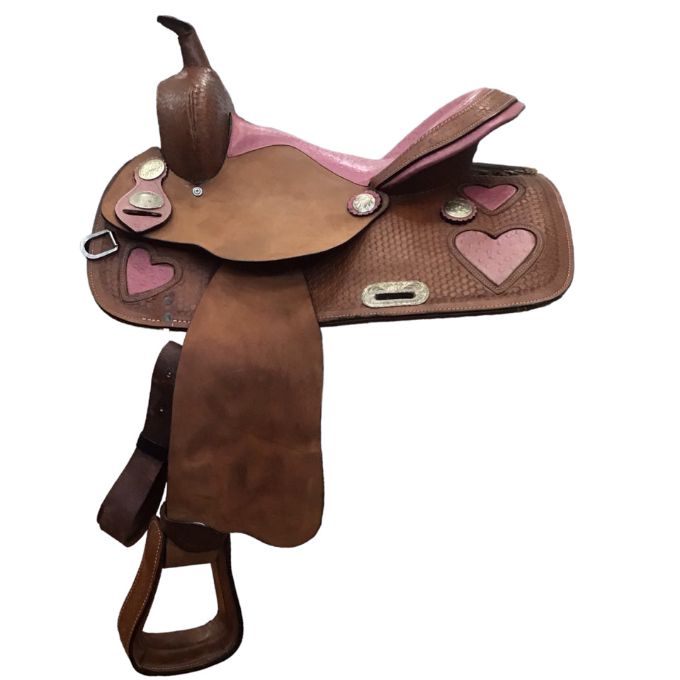 15" Tahoe Ostrich Pink Heart Semi QH Bars Used Barrel Saddle - H