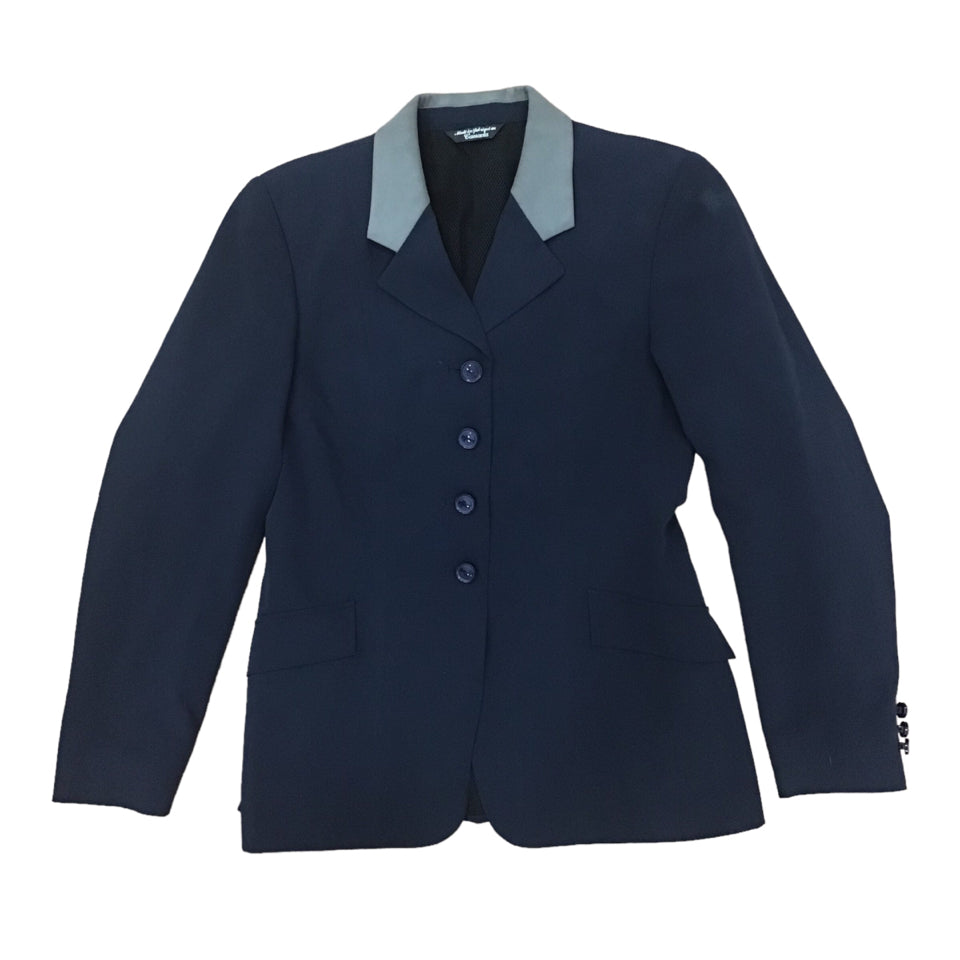 Grand Prix Ladies 12R Navy Show Coat with Grey Suede Collar Used -H