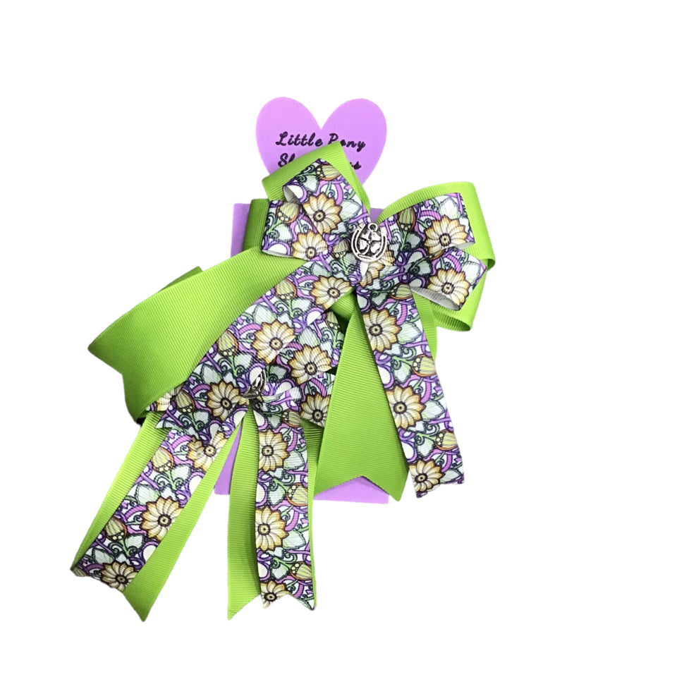 Little Pony Clip In Show Bows - Green & Purple Floral w/ Horseshoes - H