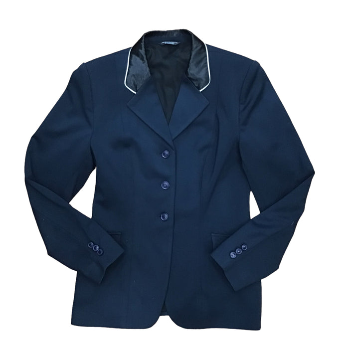 Grand Prix Ladies 4R Navy Show Coat with Black Satin Collar USED -H