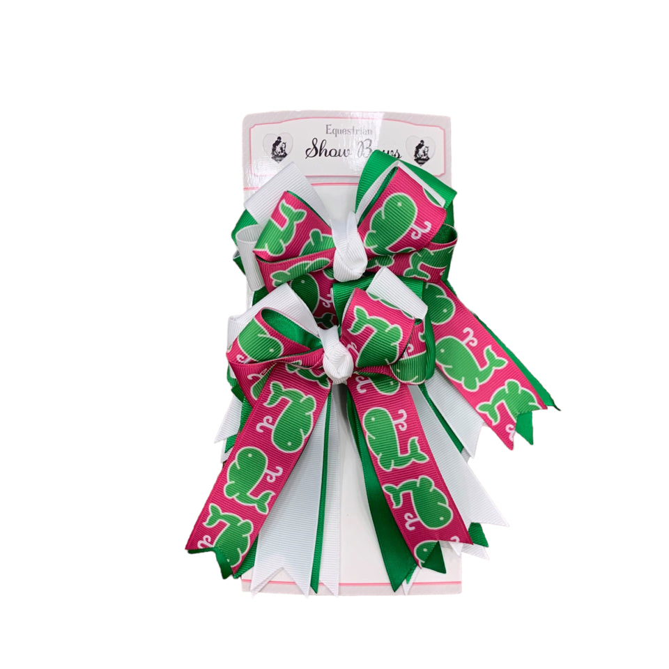 HORSECHARMS - Long Show Bows - Pink/Green Whales - H